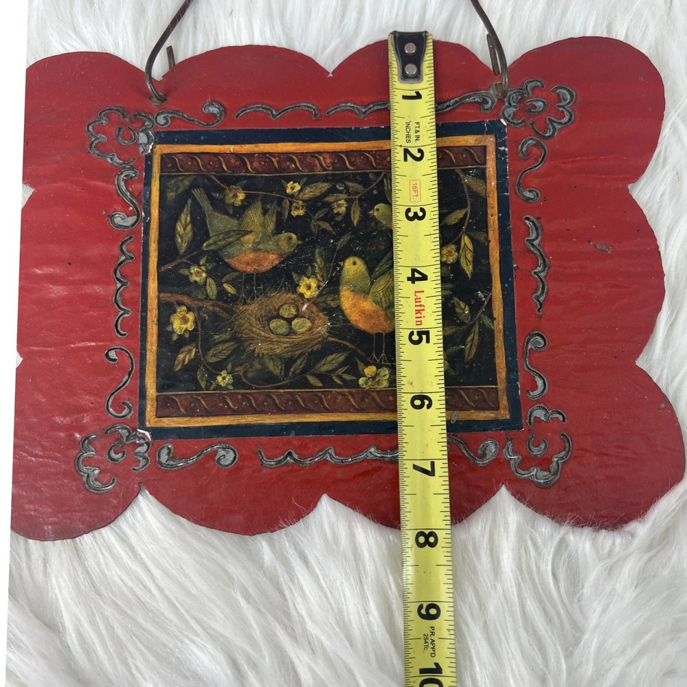 Vintage Folk Art Metal Wall Hanging Birds Nest Scalloped Red Plaque Cottagecore - Picture 5 of 7